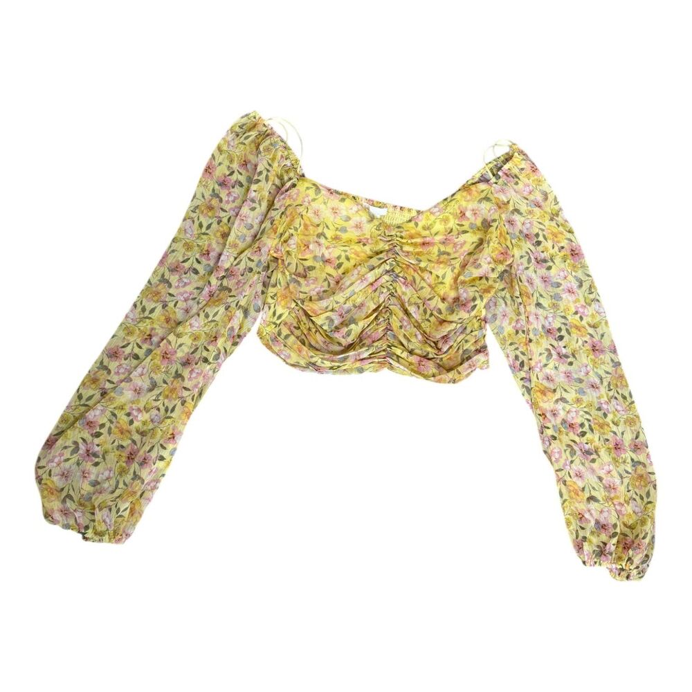 GB Women's Butter Yellow Ditsy Floral Romantic Boho Rodeo Cottagecore Crop Top L